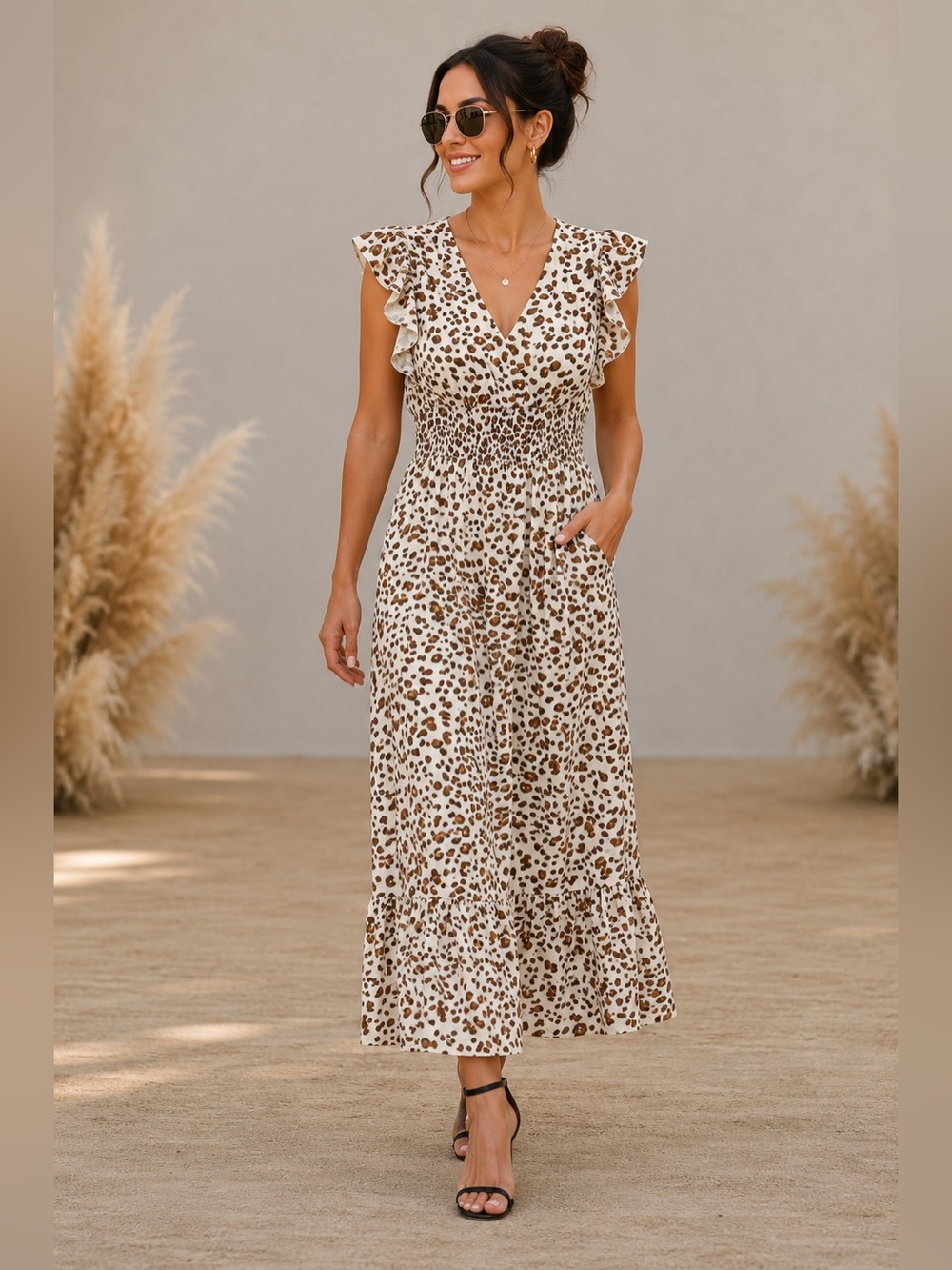 Express Cream and Brown Leopard Print Maxi Dress